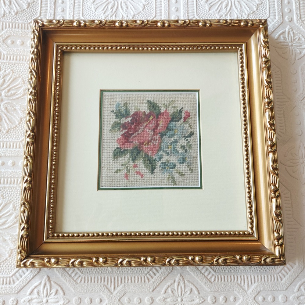 Vintage Floral Needlepoint Framed Art Gold Ornate Square Rose Botanical 9.75in